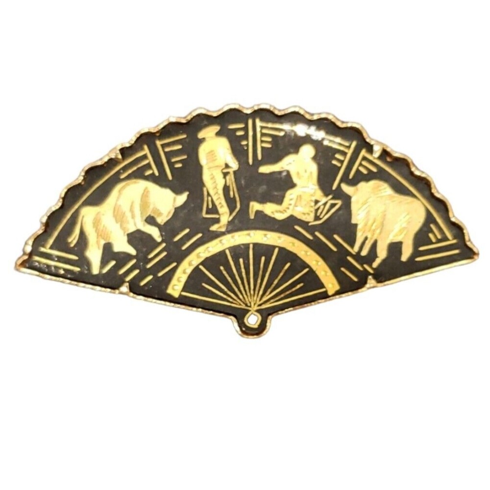 Spanish Damascene Fan Brooch Bull Matador Gold tone Black Toledo Pin